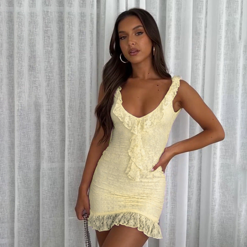 Sexy Lace Dress for Summer Holidays Slim Waist Straps Bodycon Mini Dress