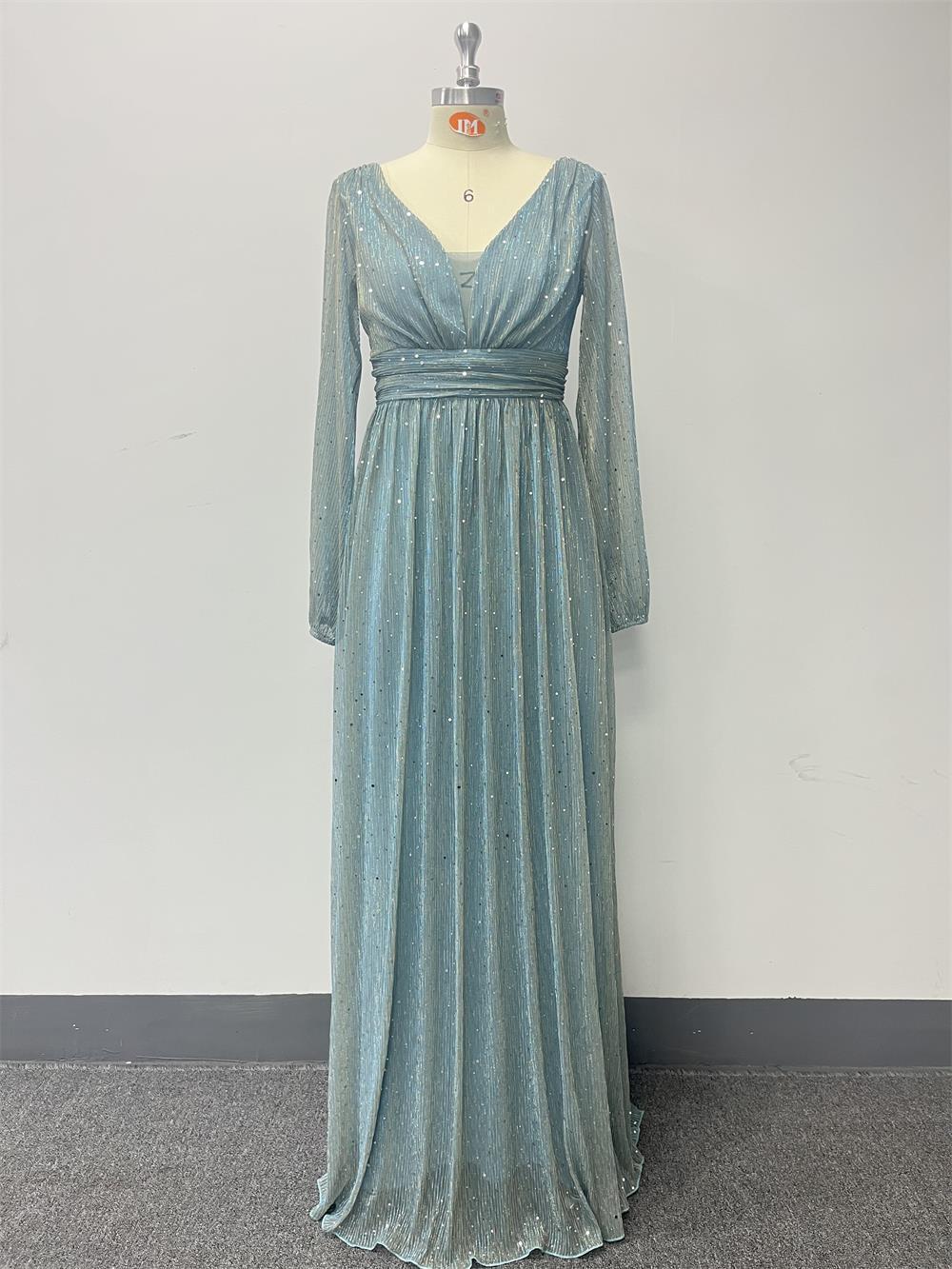 Women's  Glittery Pleated Elastic See-Through Long Sleeve V-Neck Legant Evening Gown 14