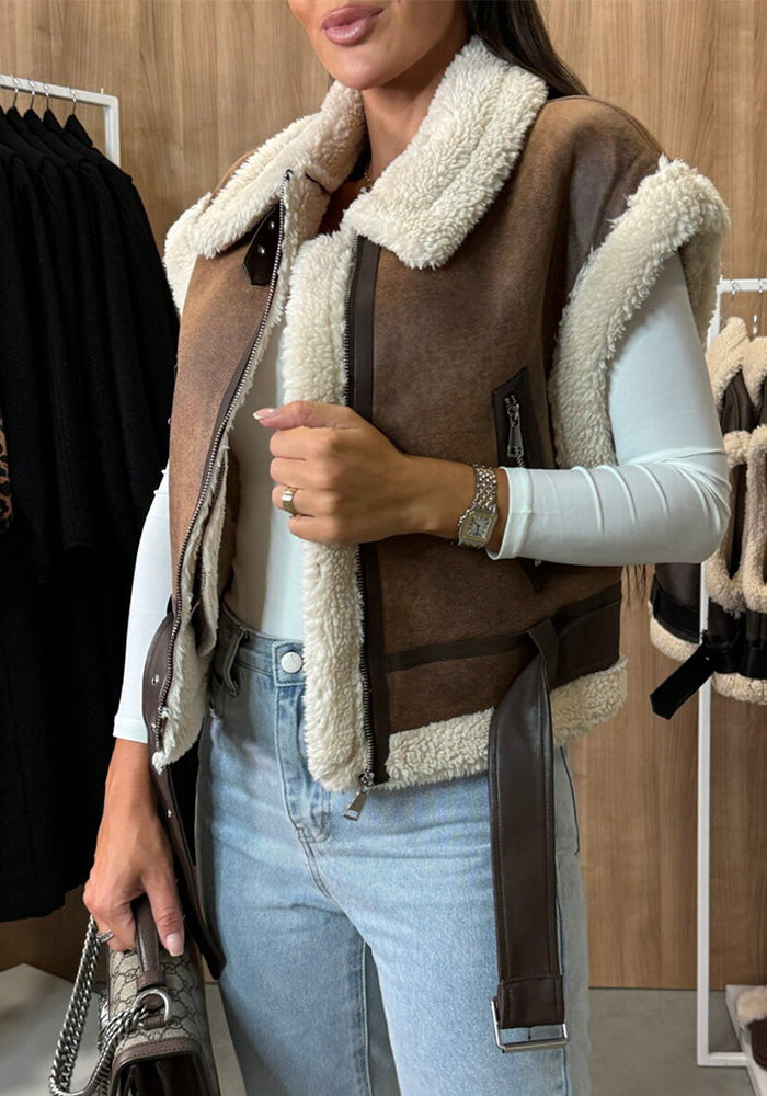 Women Zipper Pu-Leather Furry Patchwork Vest