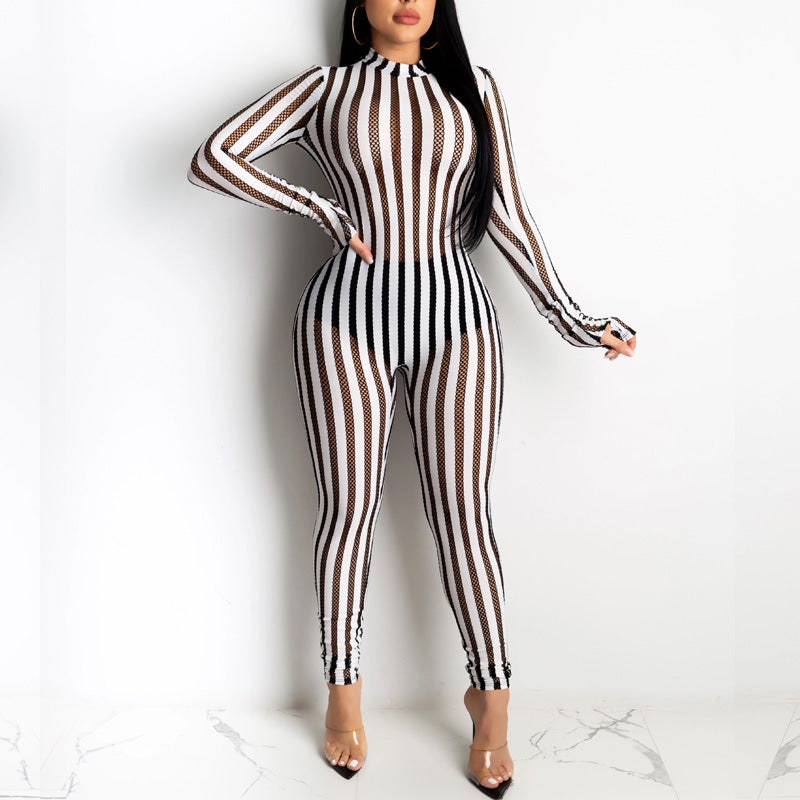 Striped Mesh Patchwork Casual Sexy Stretch Jumpsuit 9