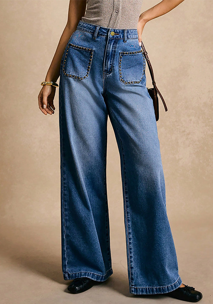 Women Riveted Pocket Washed Denim Pants