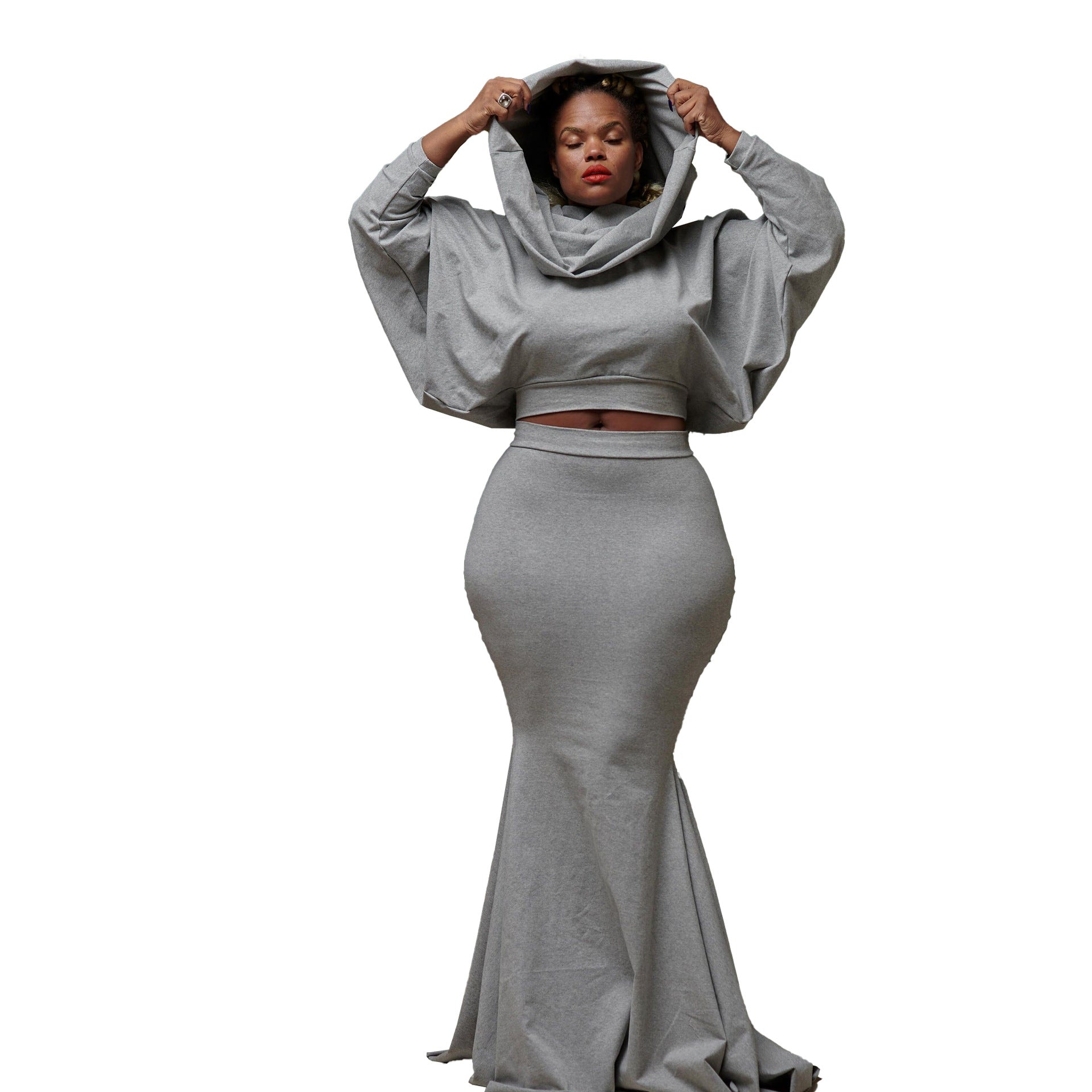 Sexy Slim Solid Color Hooded Fishtail Skirt Set 9