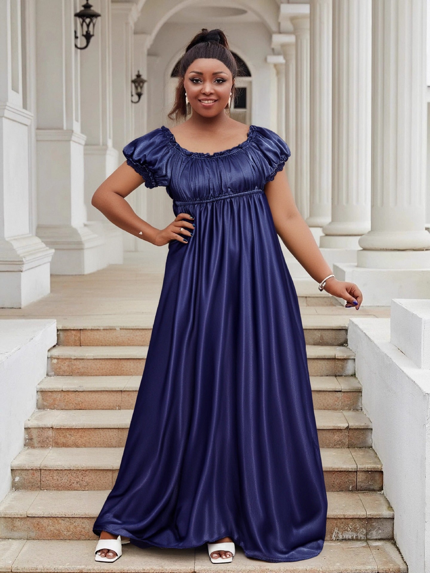 Luxury Off Shoulder Short Sleeve High Waist Maxi Dress Elegant Plus Size Evening Gown 8