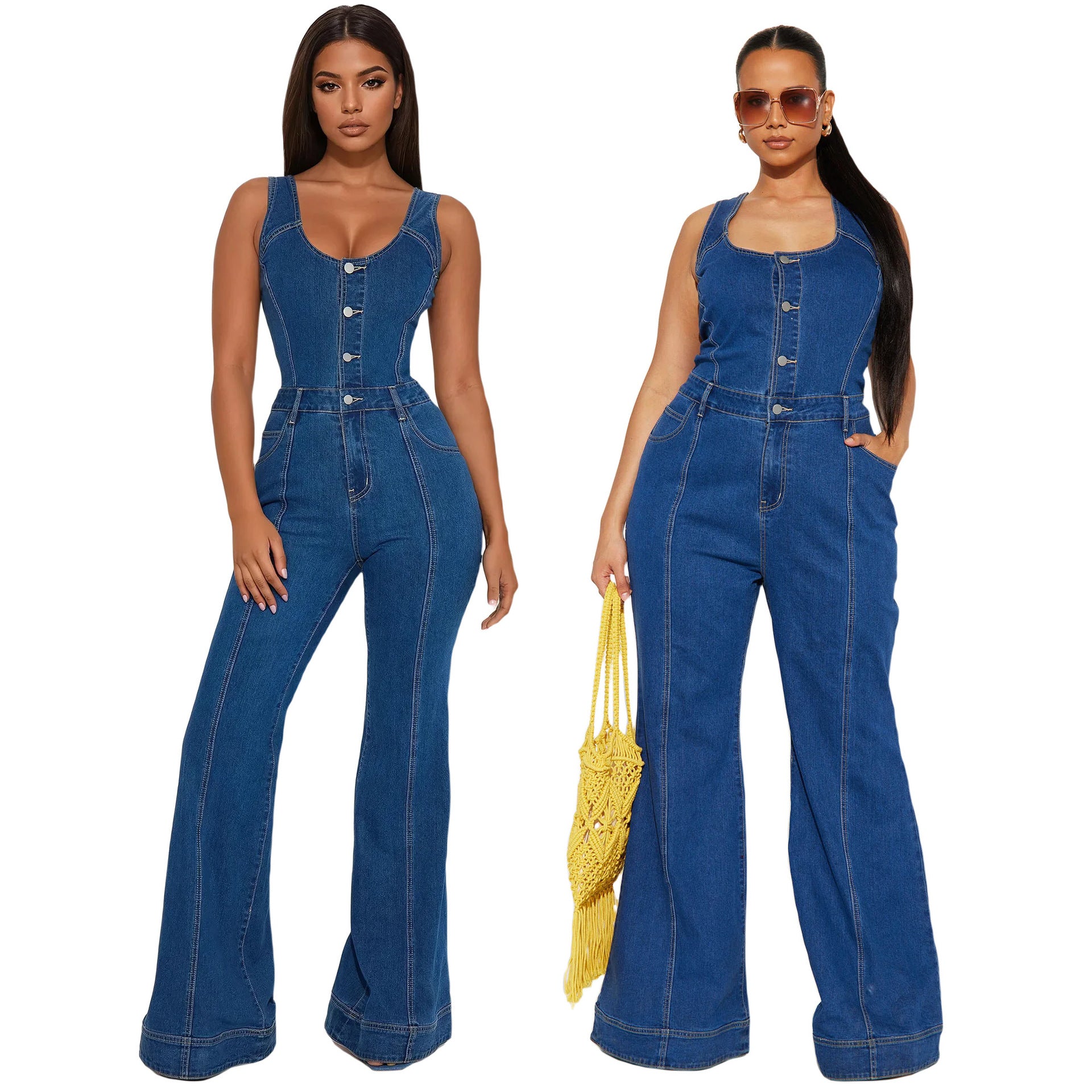 Women Casual Sexy Denim Bell Bottom Jumpsuit 3