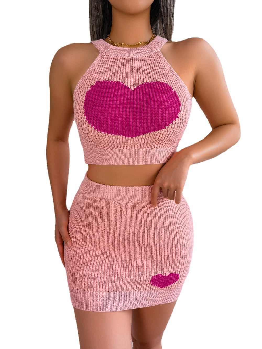 Women Casual Heart Print Contrasting Crop Top and Bodycon Skirt Two-Piece Set 8