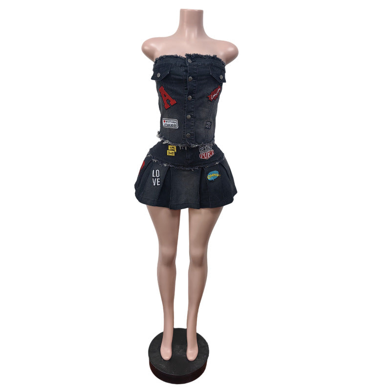 Women Stretchy Embroidered Strapless Top and Pleated Skirt Two-Piece Set