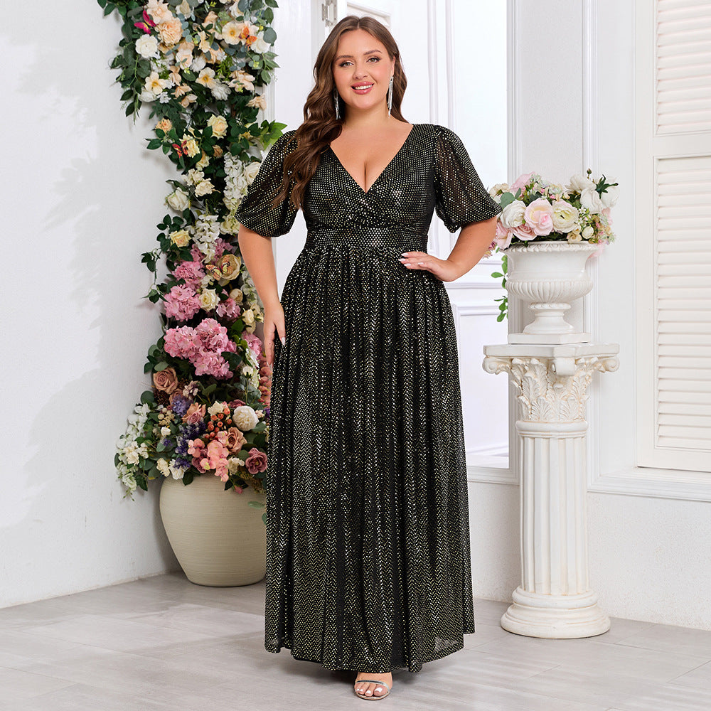 Plus-Size Glitter V-Neck Patchwork Short-Sleeve A-Line Fully Lined Evening Dress 3
