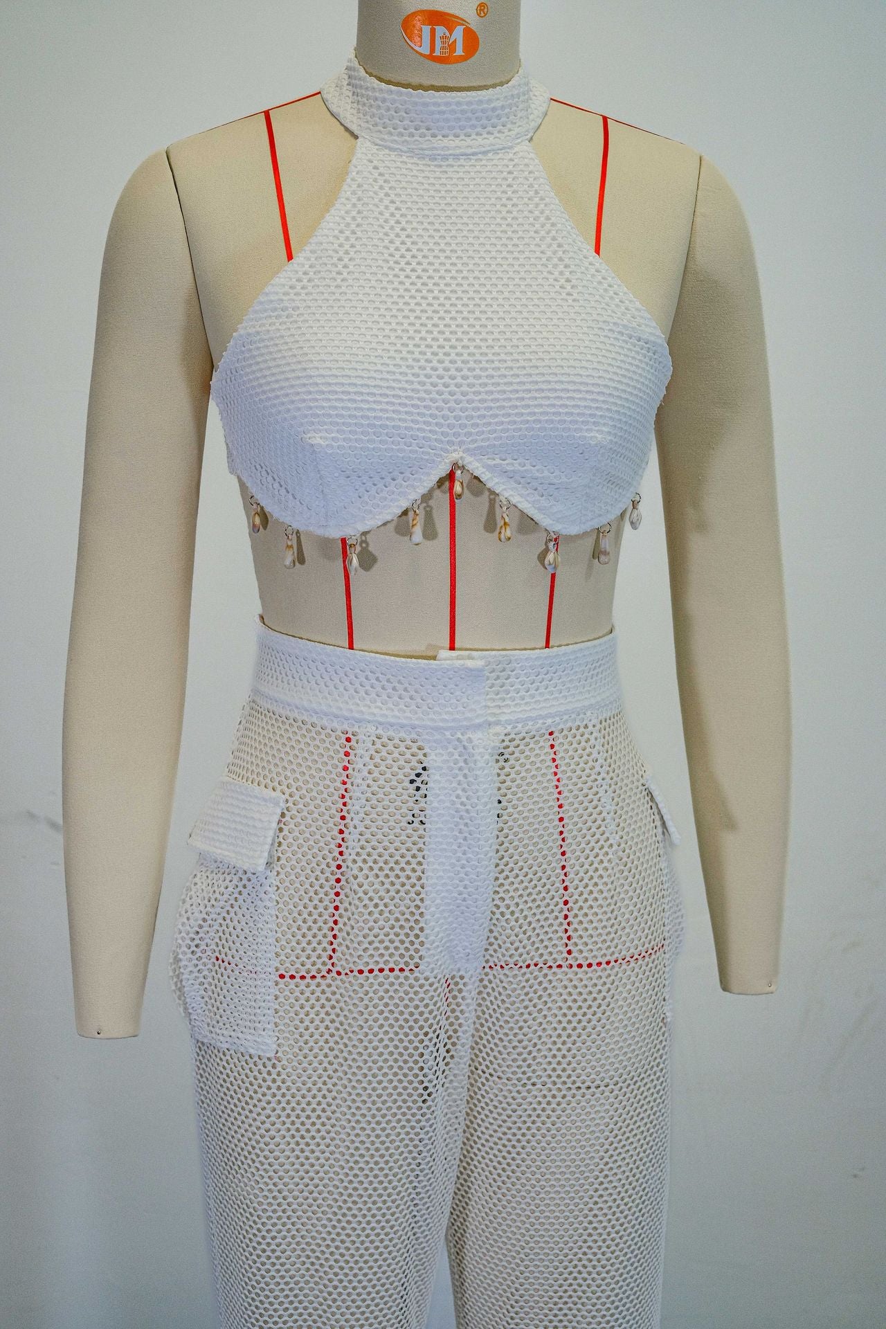 Women Summer Halter Neck Strapless Top Hollow Pocket Trousers Two-piece Set 9