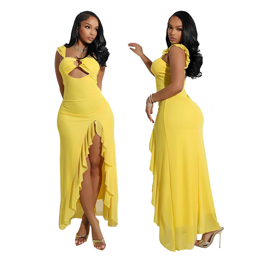 Women Sexy Halter Hollow Solid Slit Maxi Dress 3