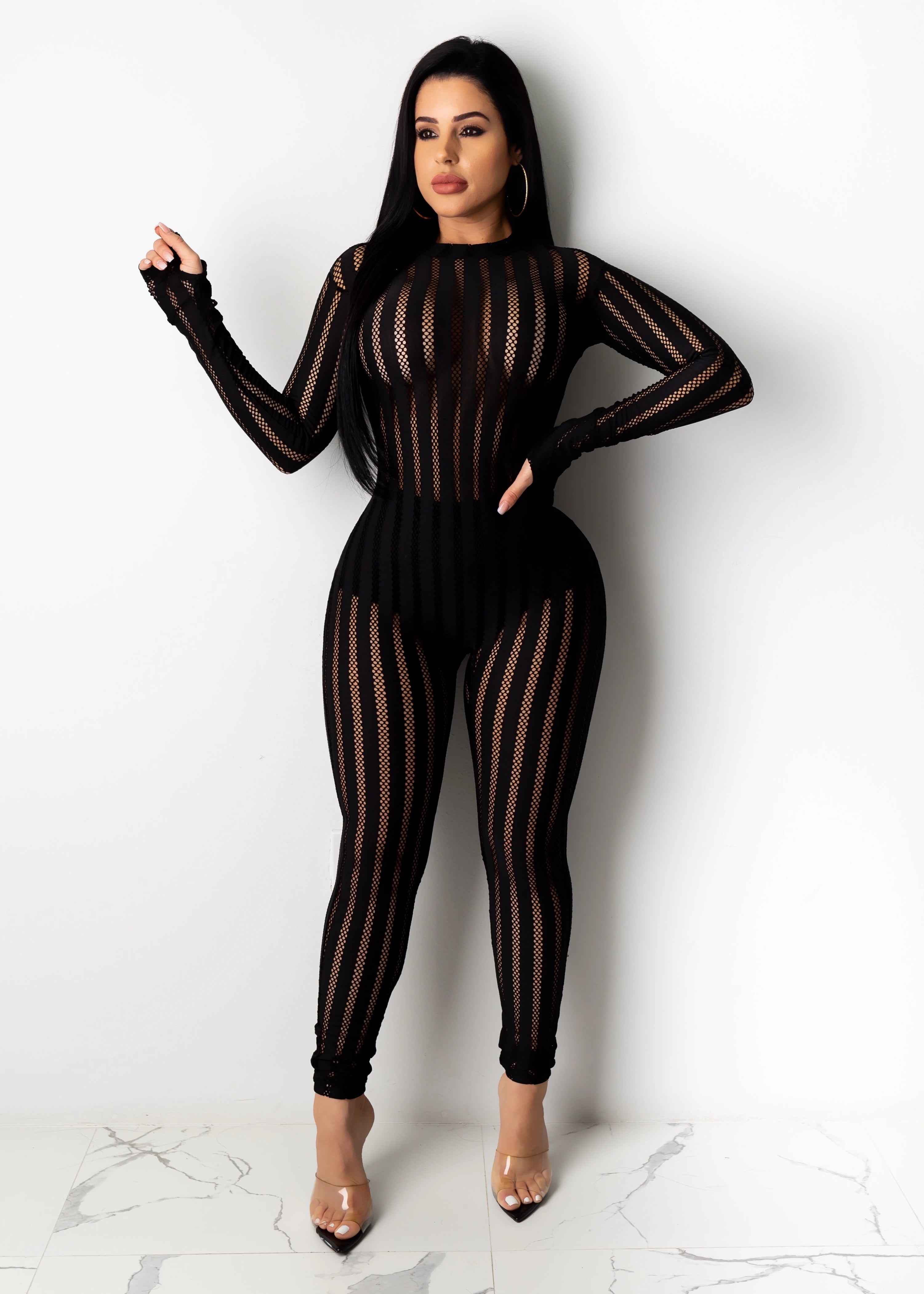 Striped Mesh Patchwork Casual Sexy Stretch Jumpsuit