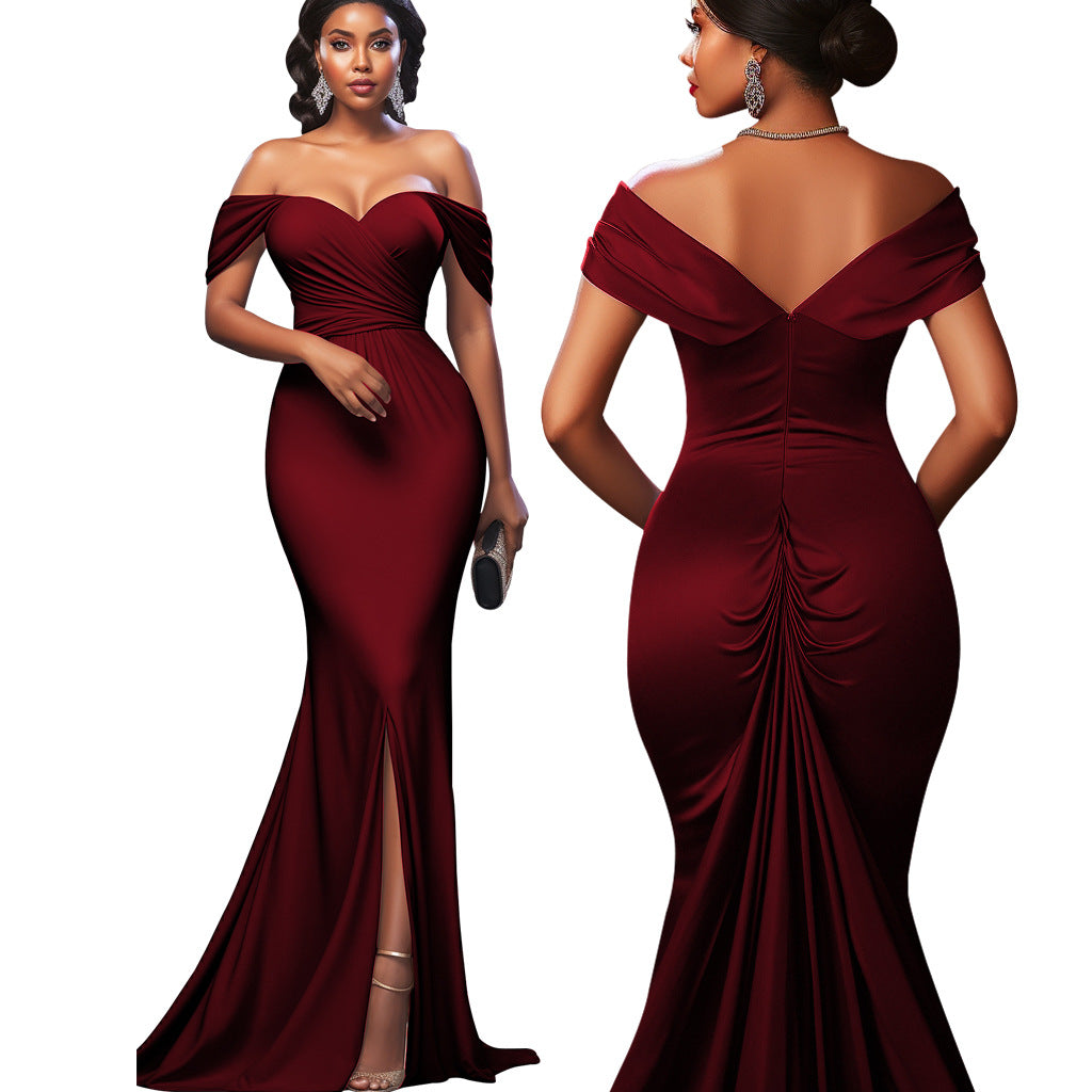 Women Sexy Solid Off-shoulder Evening Dress 7