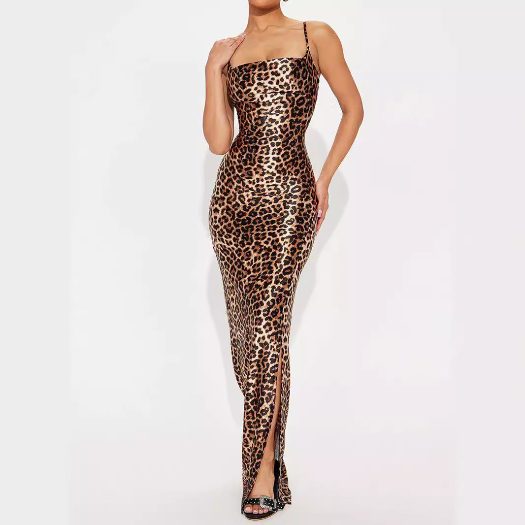Women's Leopard Print Strap Beach Long Dress 3