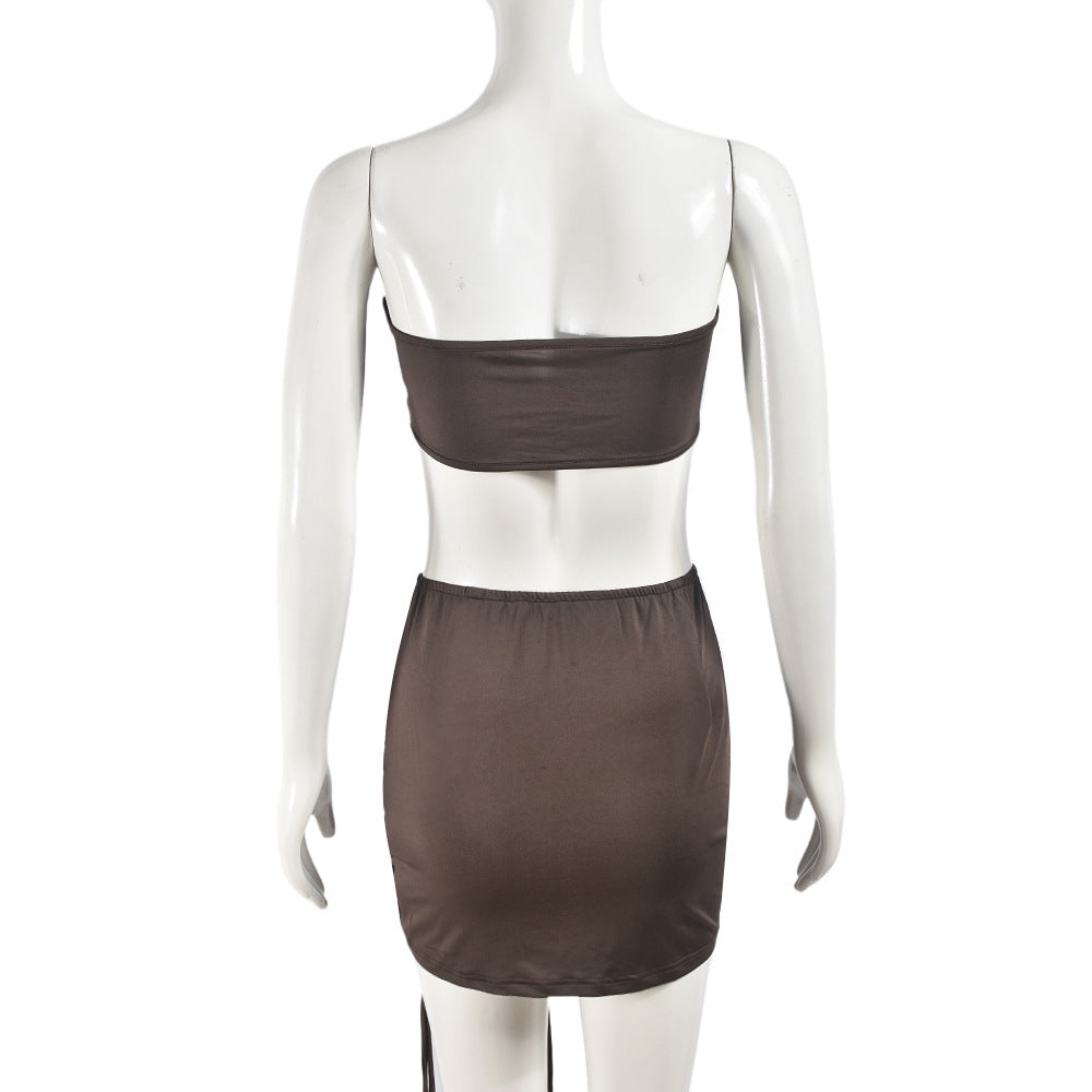 Women Summer Crop Lace Wrinkle Strapless Top and Skirt Two-piece Set 10