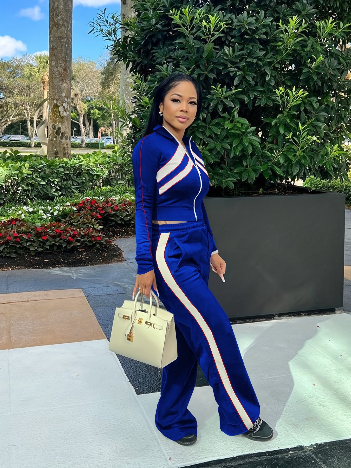 Women Style Street Zipper Contrast Patchwork Top and Pant Set 14