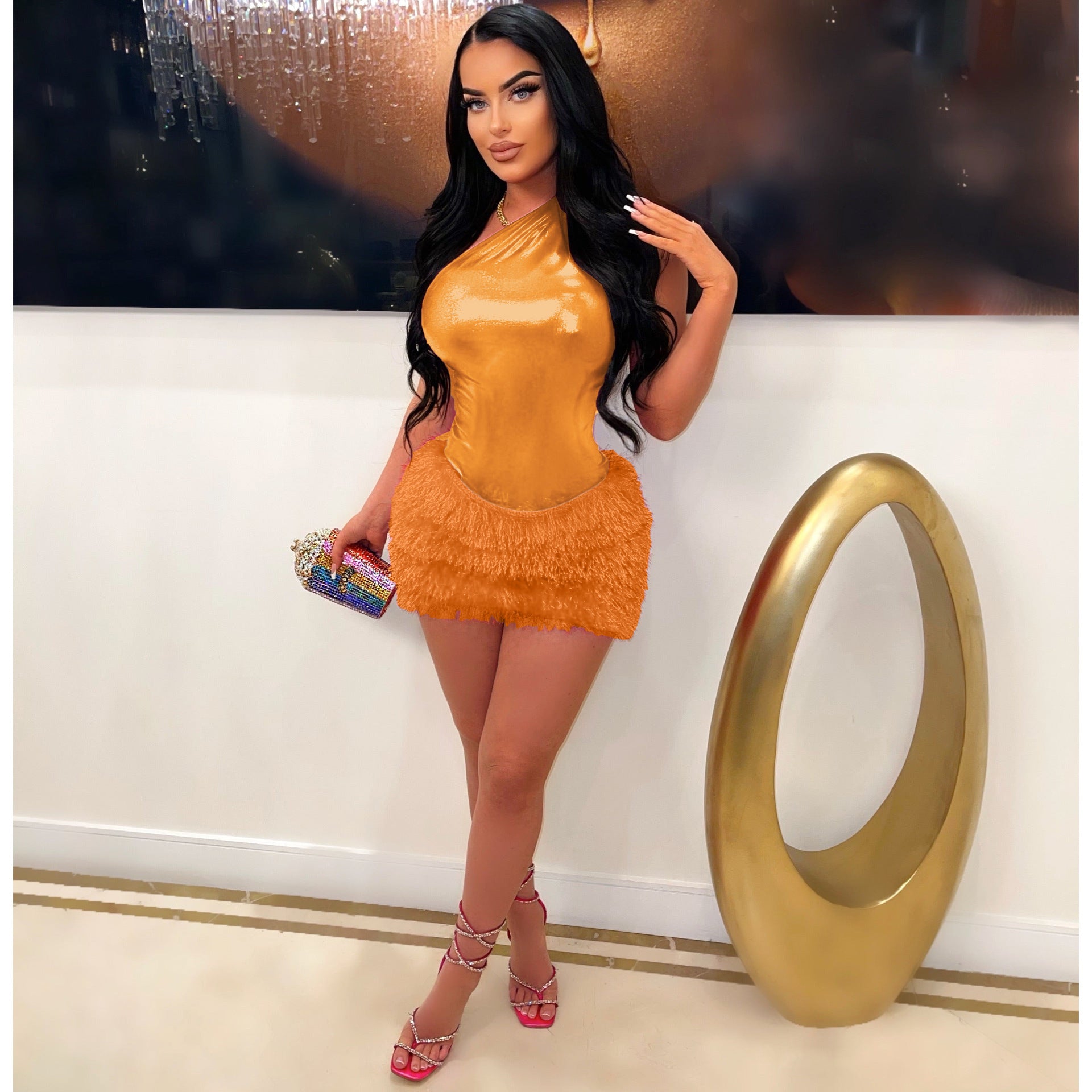 Women's Solid Color Glossy Bodysuit Sexy Short Skirt Two-Piece Set 10