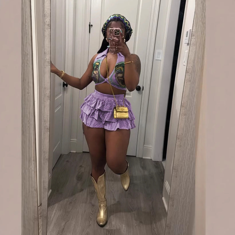 Spring Fashion Women's Sexy Turndown Collar Ribbed Print Top Cake Shorts Set