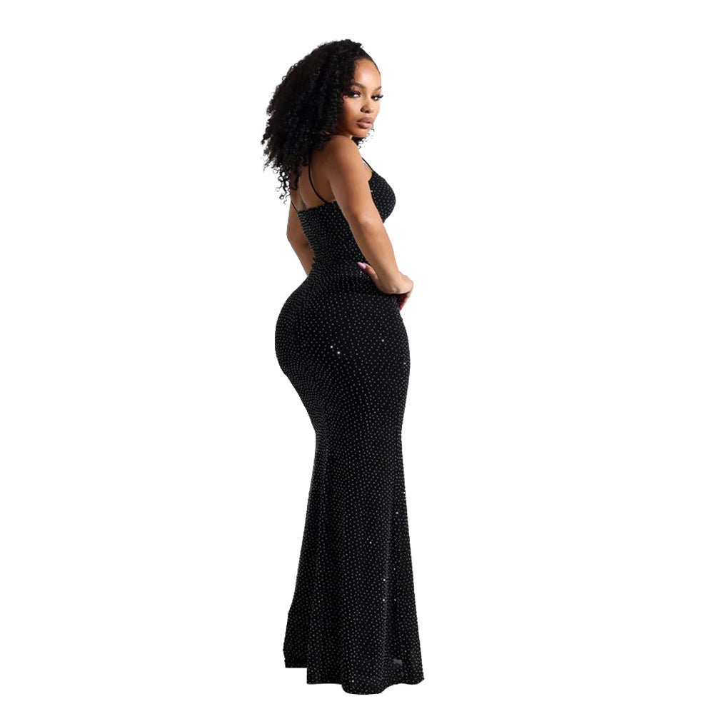 Women Sexy Suspender Beaded Mesh Bodycon Maxi Dress 7
