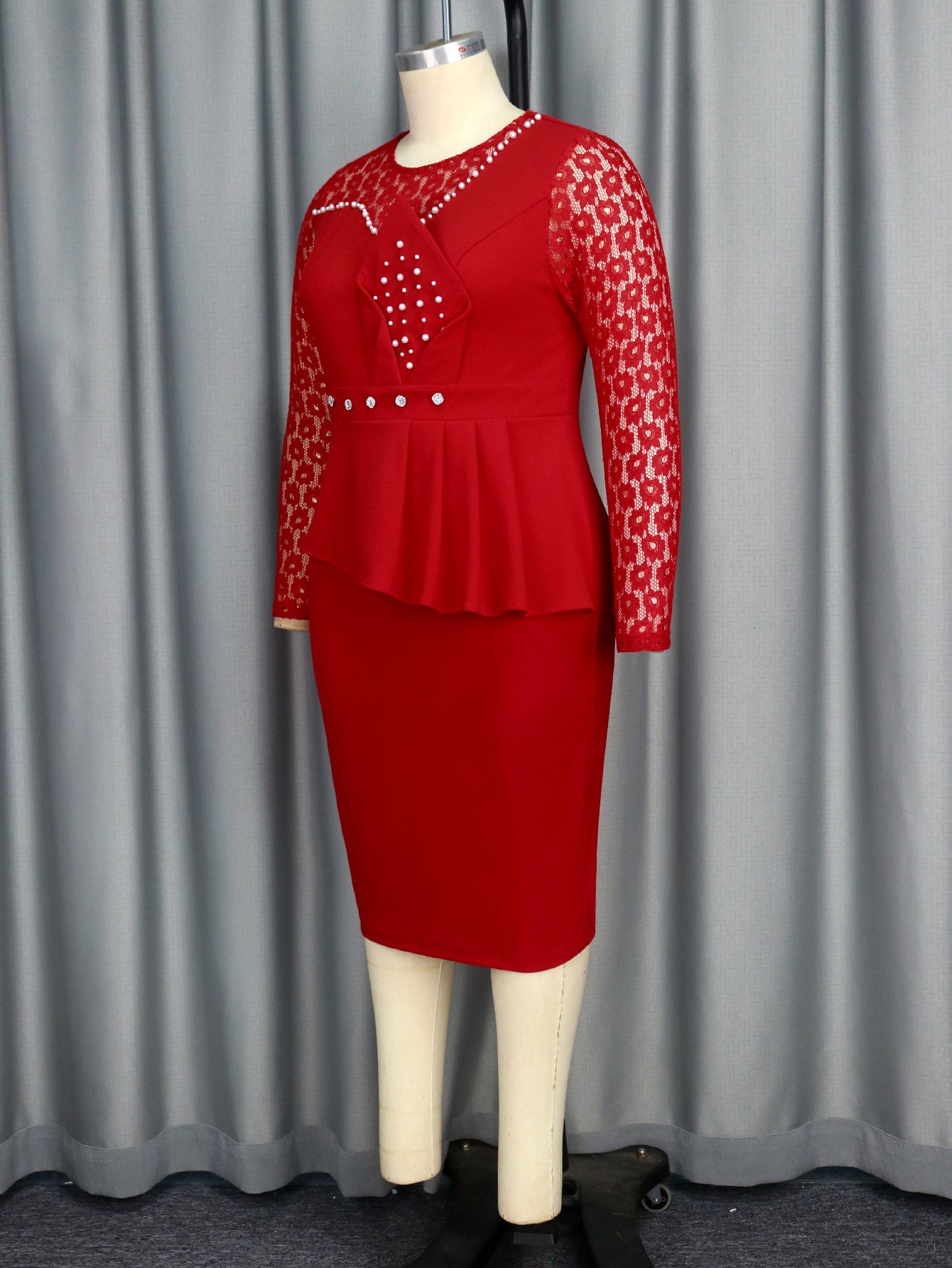 Lace Patchwork Round Neck Long Sleeve Bodycon Chic Beaded Formal Party Dress 11