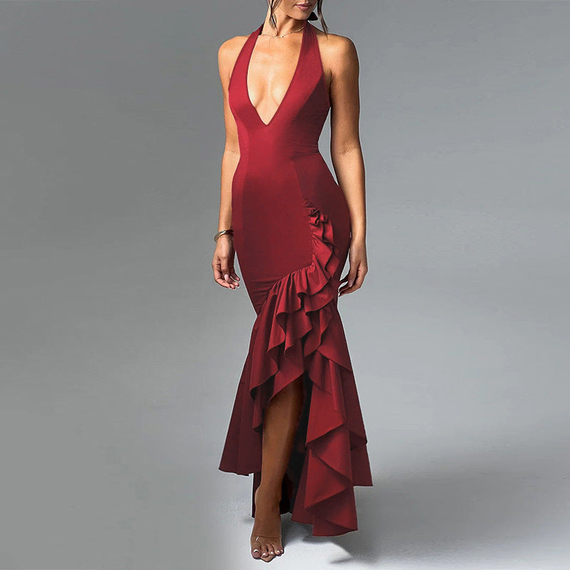 Women autumn sexy Halter Neck V Neck ruffle dress 5