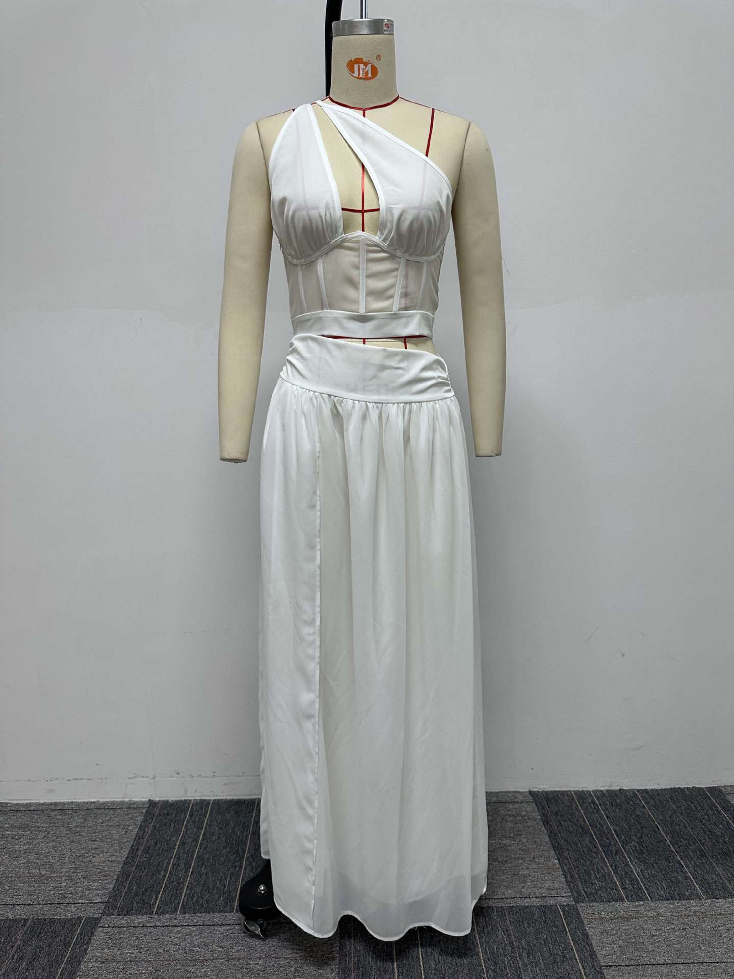 Sexy Solid See-Through One Shoulder Two Piece Skirt Set 9