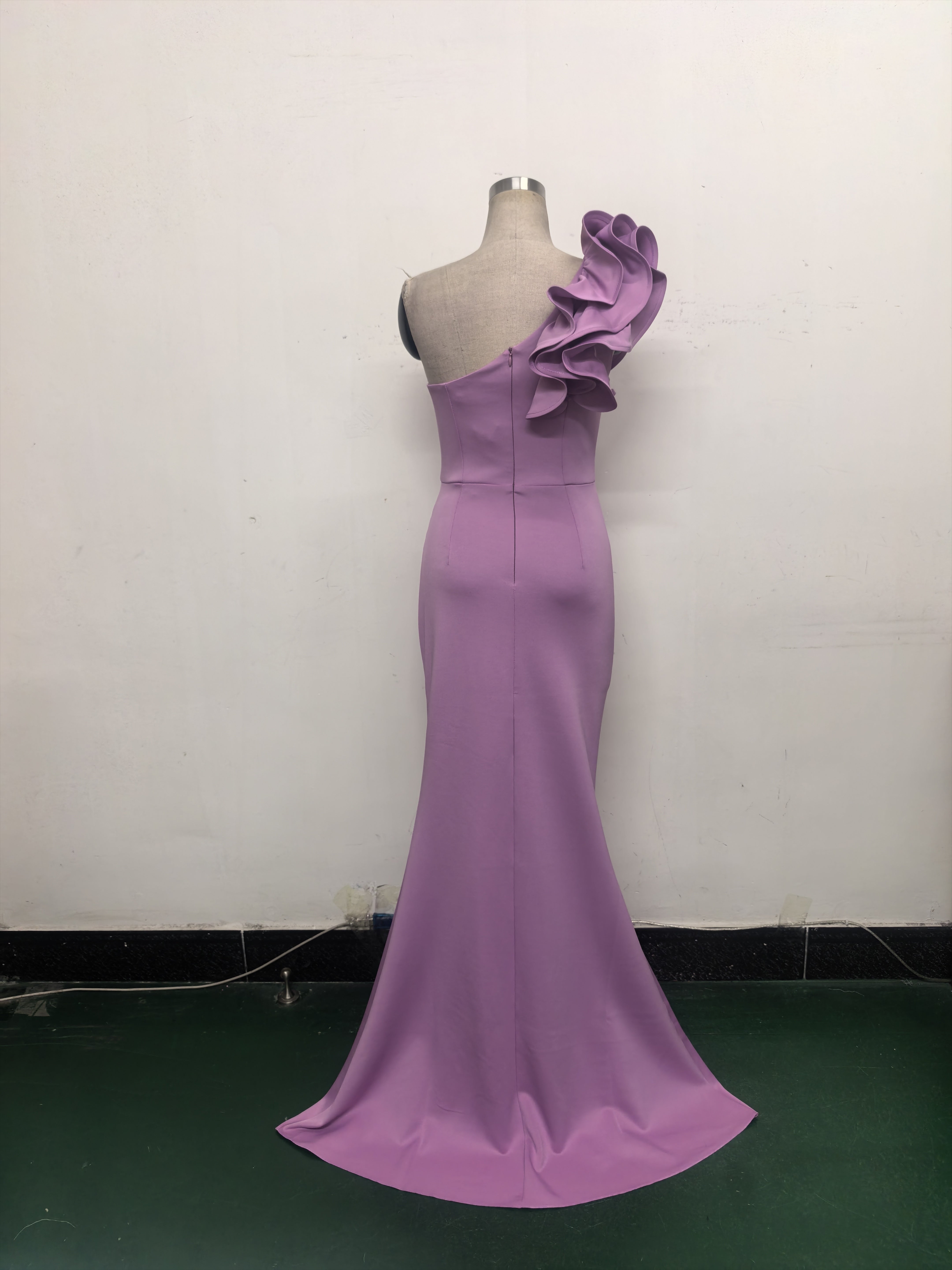 Women One-Shoulder Beaded Wool and Floral Satin Slit Sexy Evening Dress 31