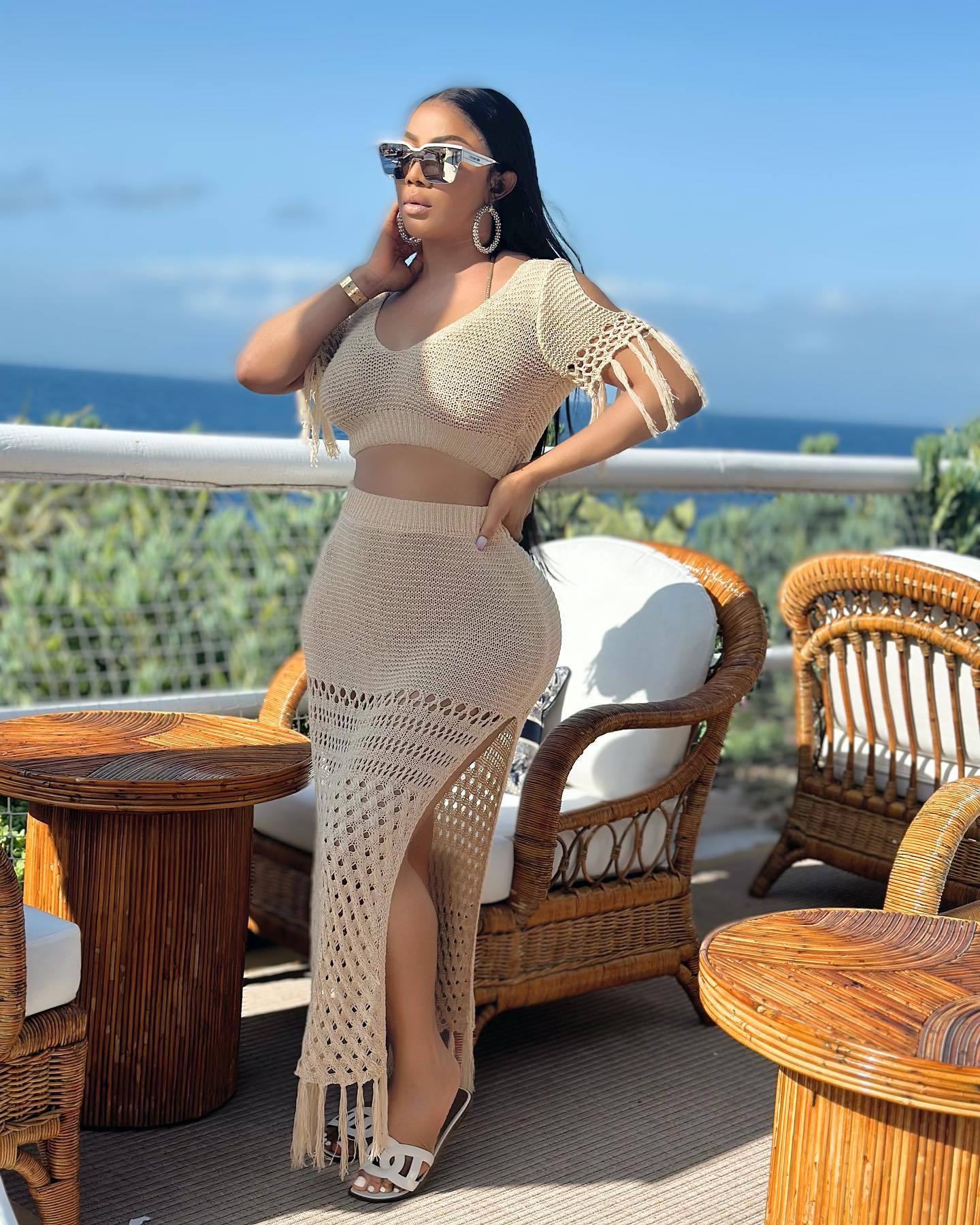 Ladies Casual Sexy Split Woolen Crochet Knitting Tassel Two-Piece Set 11