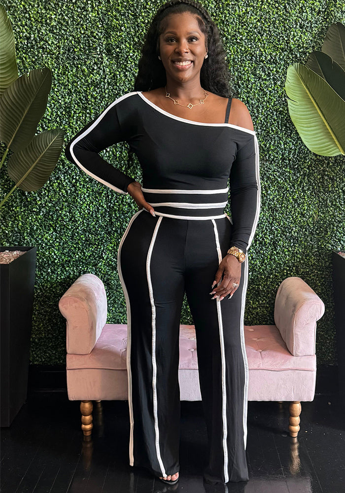 Autumn Women's Clothing Slim Fit Sexy Contrast Color Off Shoulder Long Sleeve Two Piece Pants Set 4