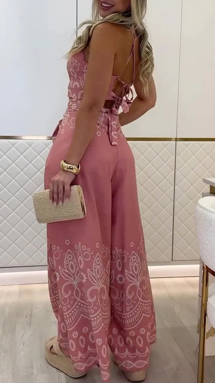 Spring/Summer Retro Ethnic Style Halter Neck Top Wide-Leg Pants Two Piece Set 17