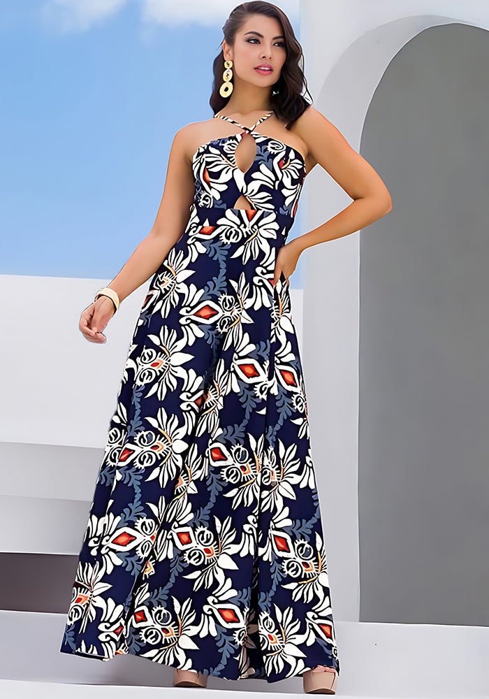 Sexy Strap Hollow Style Printed Long Dress