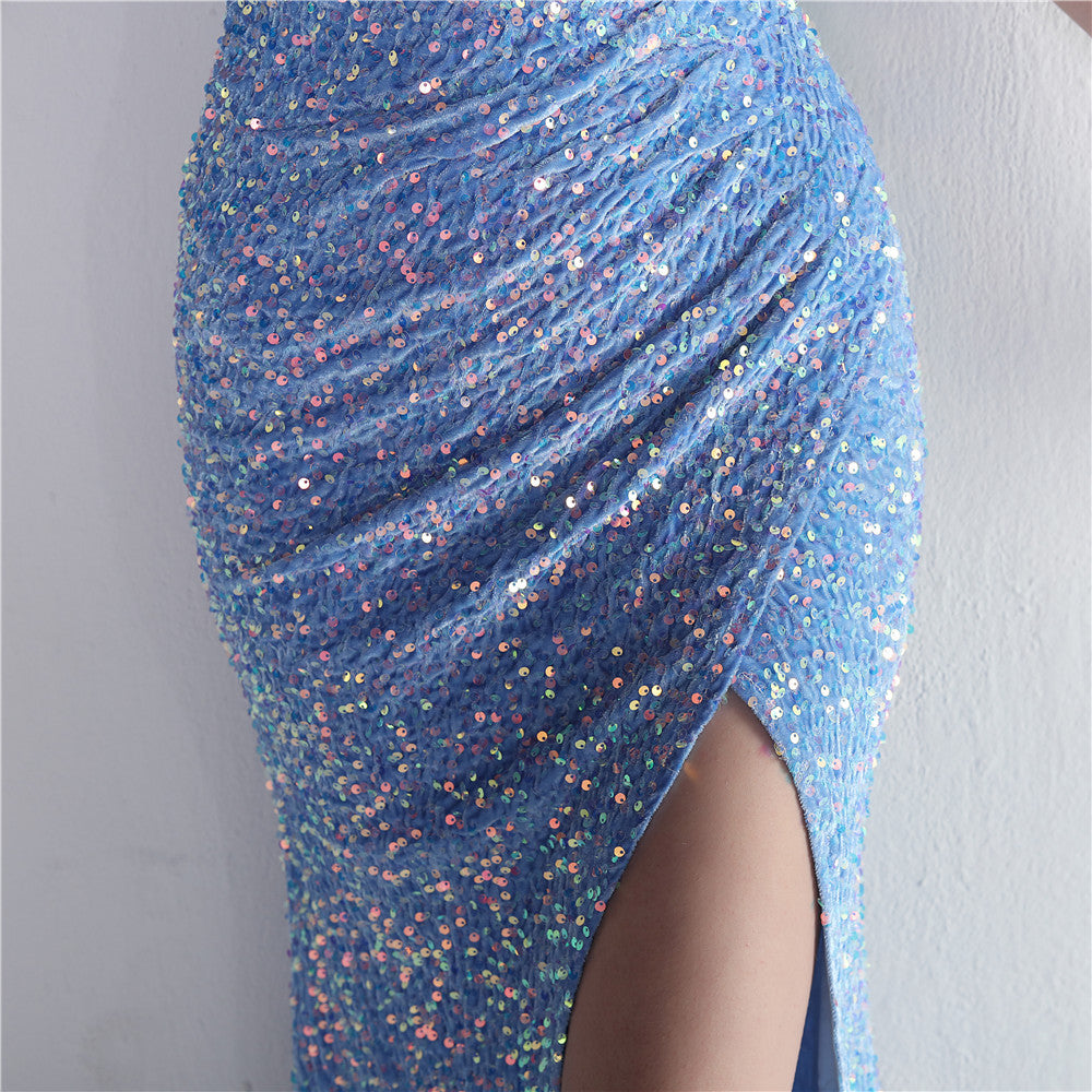 Velvet Sequin Magic Multi-Color One Shoulder Party Wedding Dinner Mermaid Long Evening Gown 29