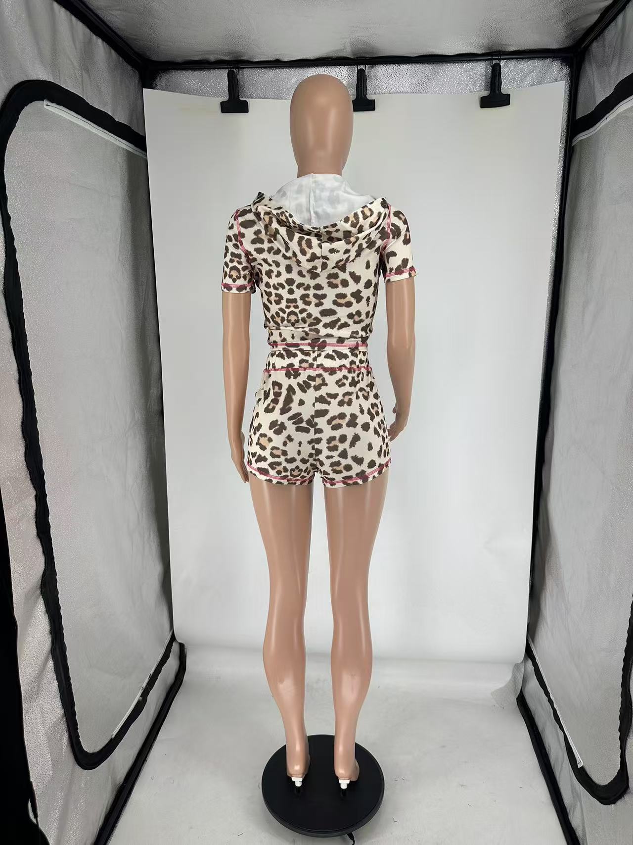 Leopard Print Zip-Up Hooded Tight-Fit Two Piece Shorts Set 16