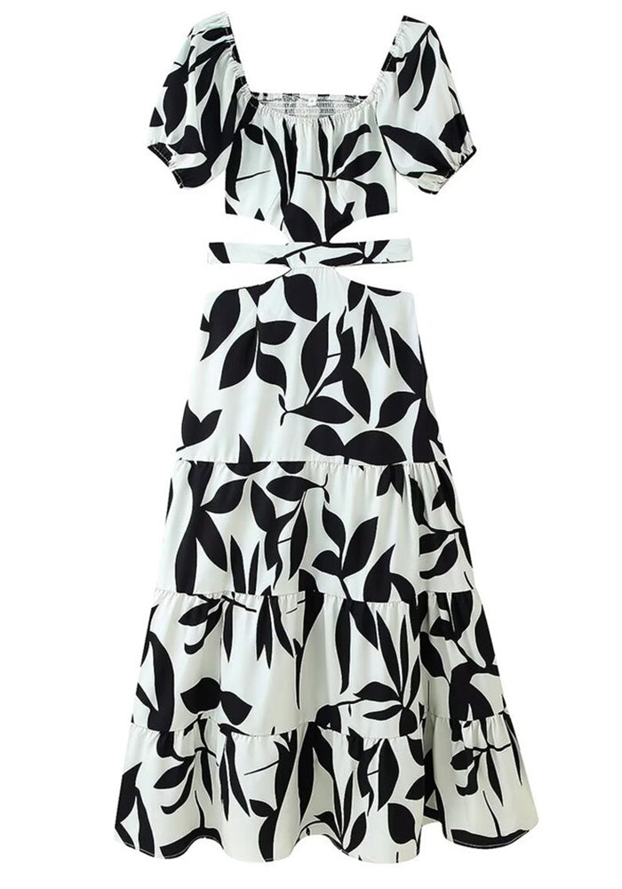 Summer Women's Fashion Color-Blocked Cut-Out Waist Patchwork Maxi Dress