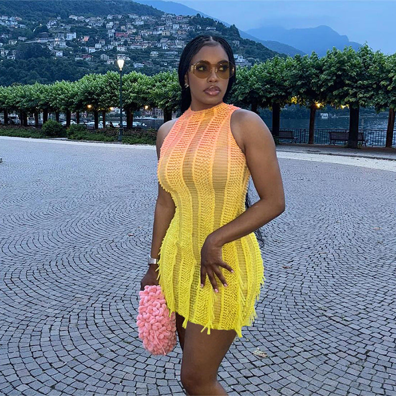 Women Summer Sleeveless Round Neck Gradient Tassel Dress 3