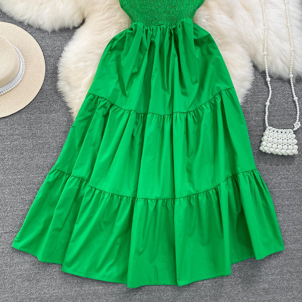 Retro Chic Sleeveless Slash Shoulder Slim Waist Slim Fit Beach Holidays A-Line Long Dress 49