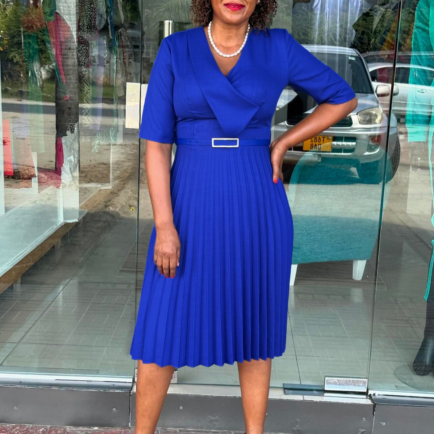 Plus Size Women's Summer Fashion Solid Color Elegant V Neck Pleated African Dress 3