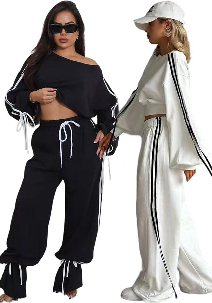 Autumn Casual Women's Solid Color Loose Webbing-Trimmed Two-Piece Pants Set