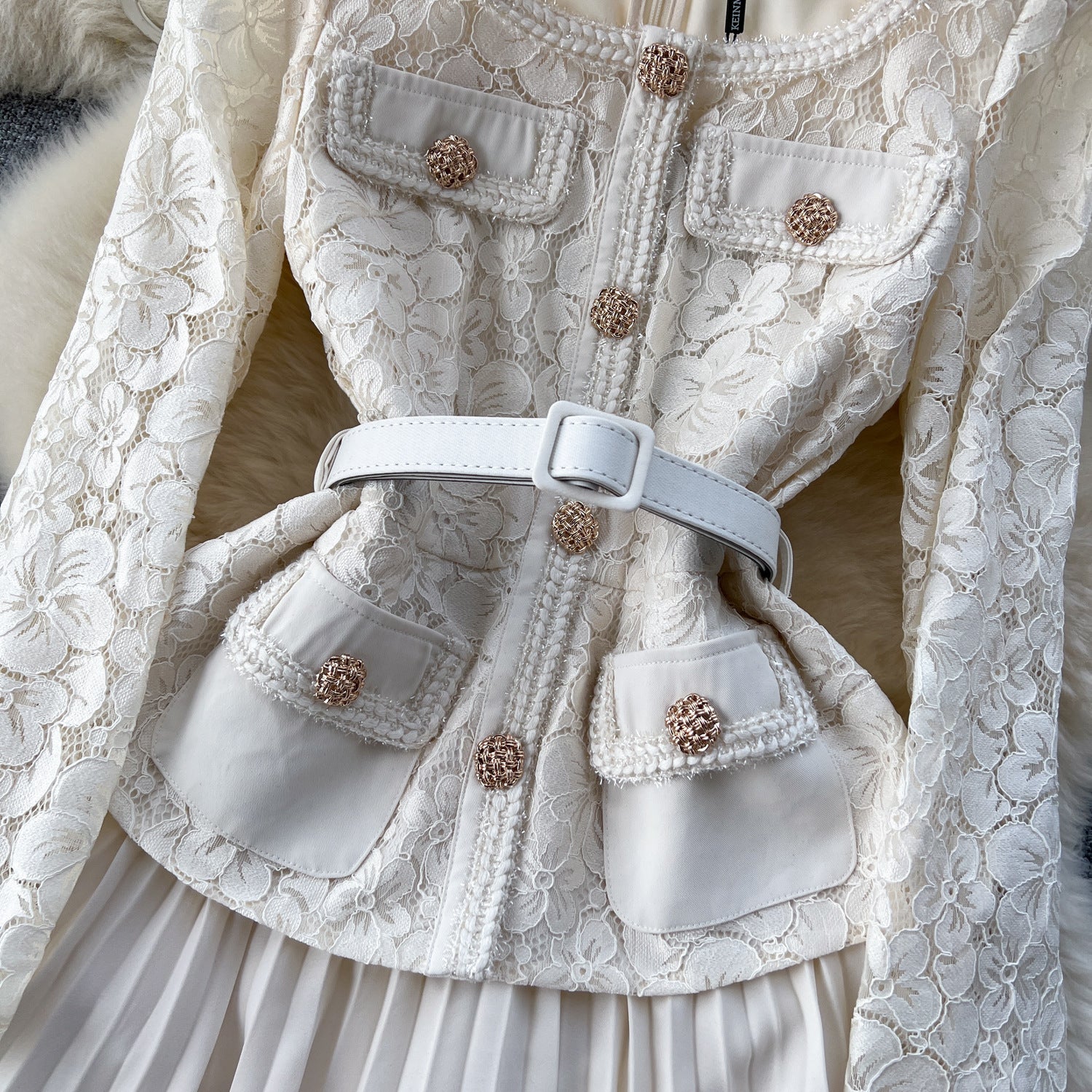 Women French Beaded Metal Button Square Collar Lace Patchwork Pleated Dress 11