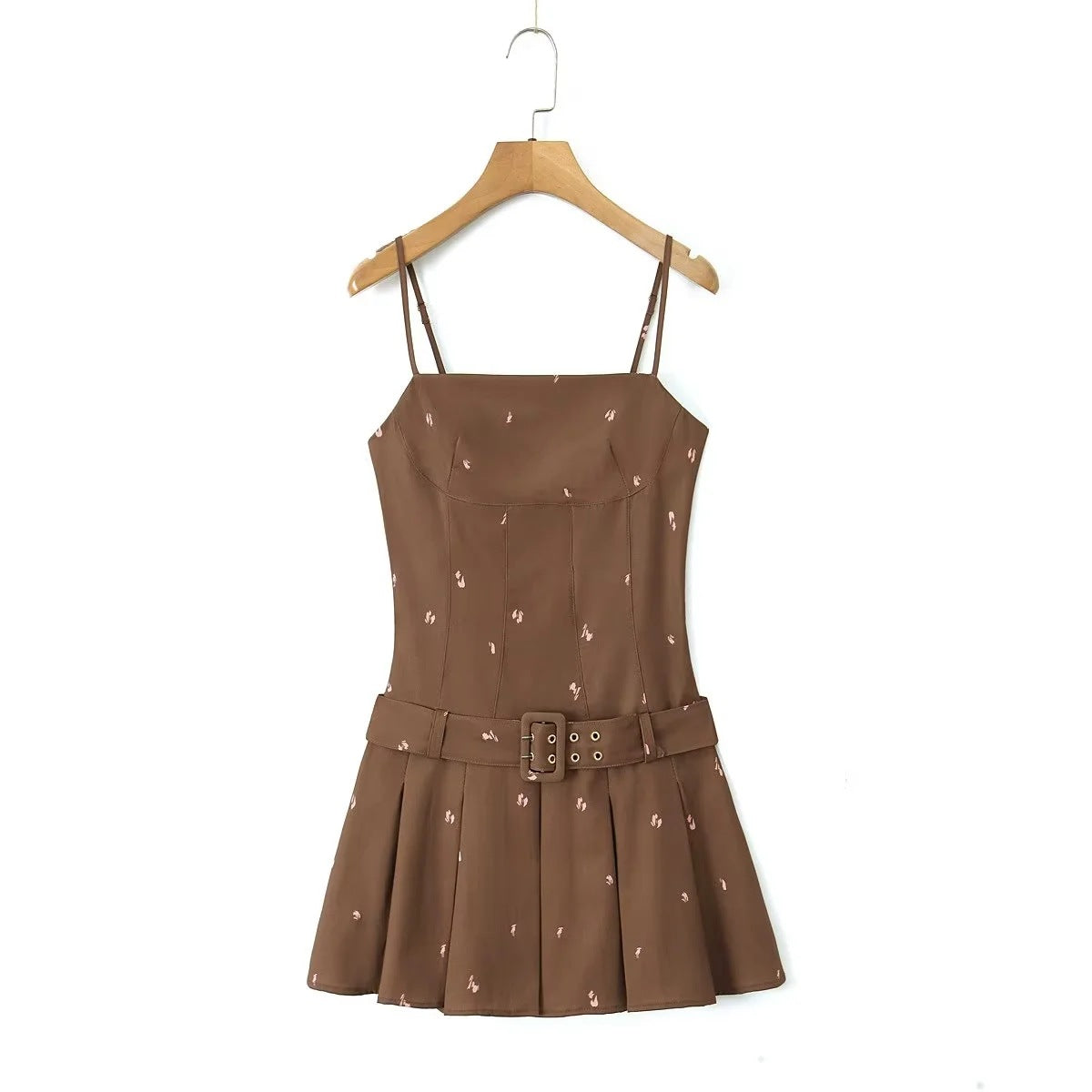 Women Summer French sexy belted pleated printed suspender dress 3