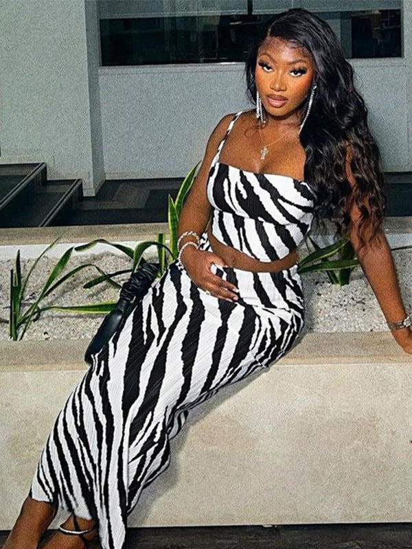 Black & White Striped Printed Sexy Fitted Bodycon Skirt Set