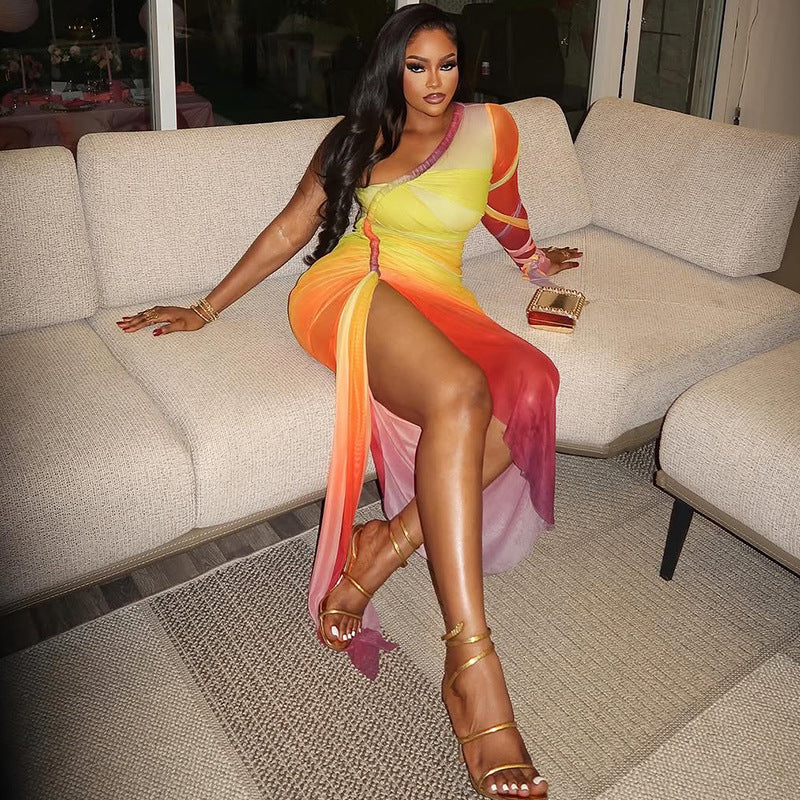 Women's pleated color matching slit slim irregular Slash Shoulder one-shoulder long sleeve fashion dress 3