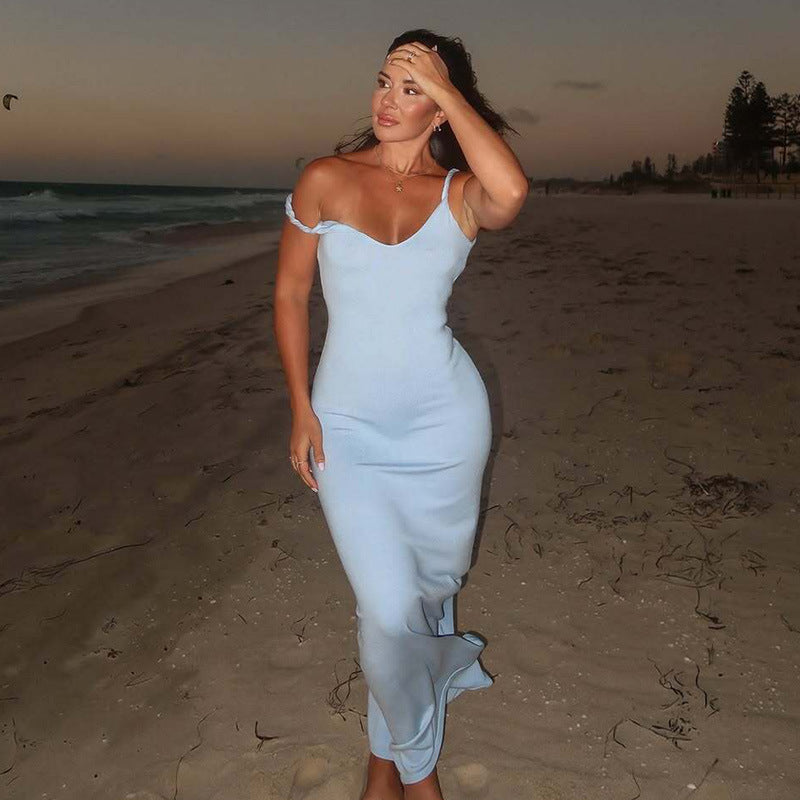 Women Summer Sexy V Neck Backless Fit Solid Knot Strap Dress