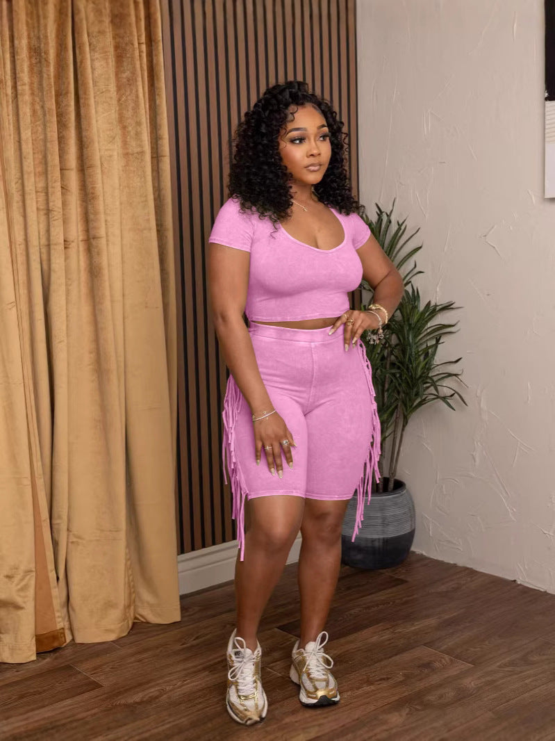 Fashionable Women's Solid Color Short Sleeve Tassel Elastic Shorts Set 7