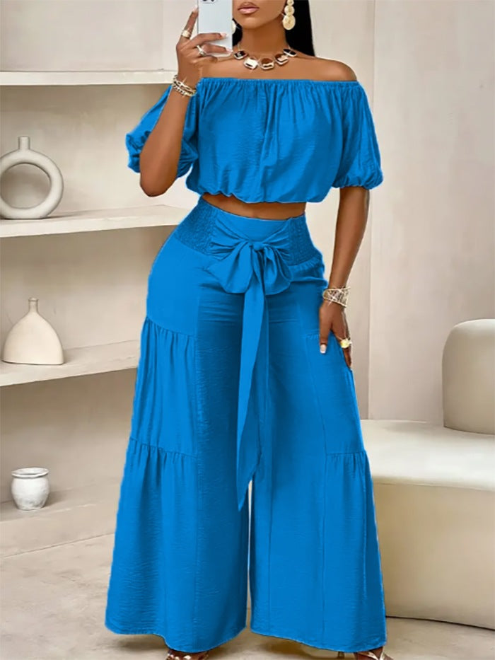 Women's Casual High-Waist Solid Color Flared Lace-Up Wide-Leg Pants Set 5