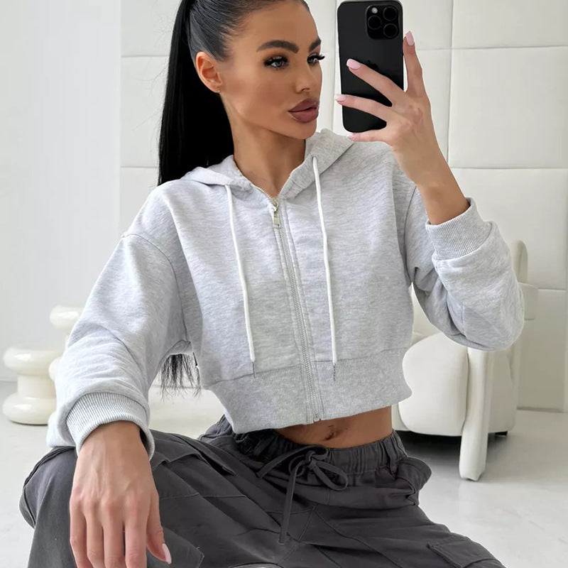 Autumn winter fashion zipper hooded drawstring solid color long sleeve Hoodies 11