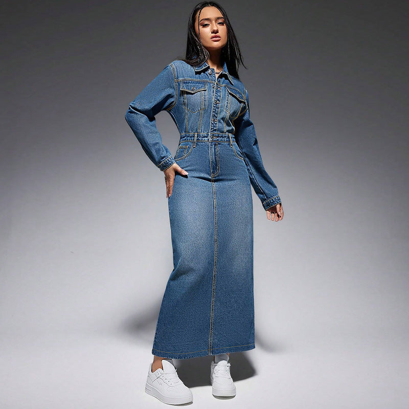 Women's Long Sleeve Turndown Collar Denim Button Slit Long Dress
