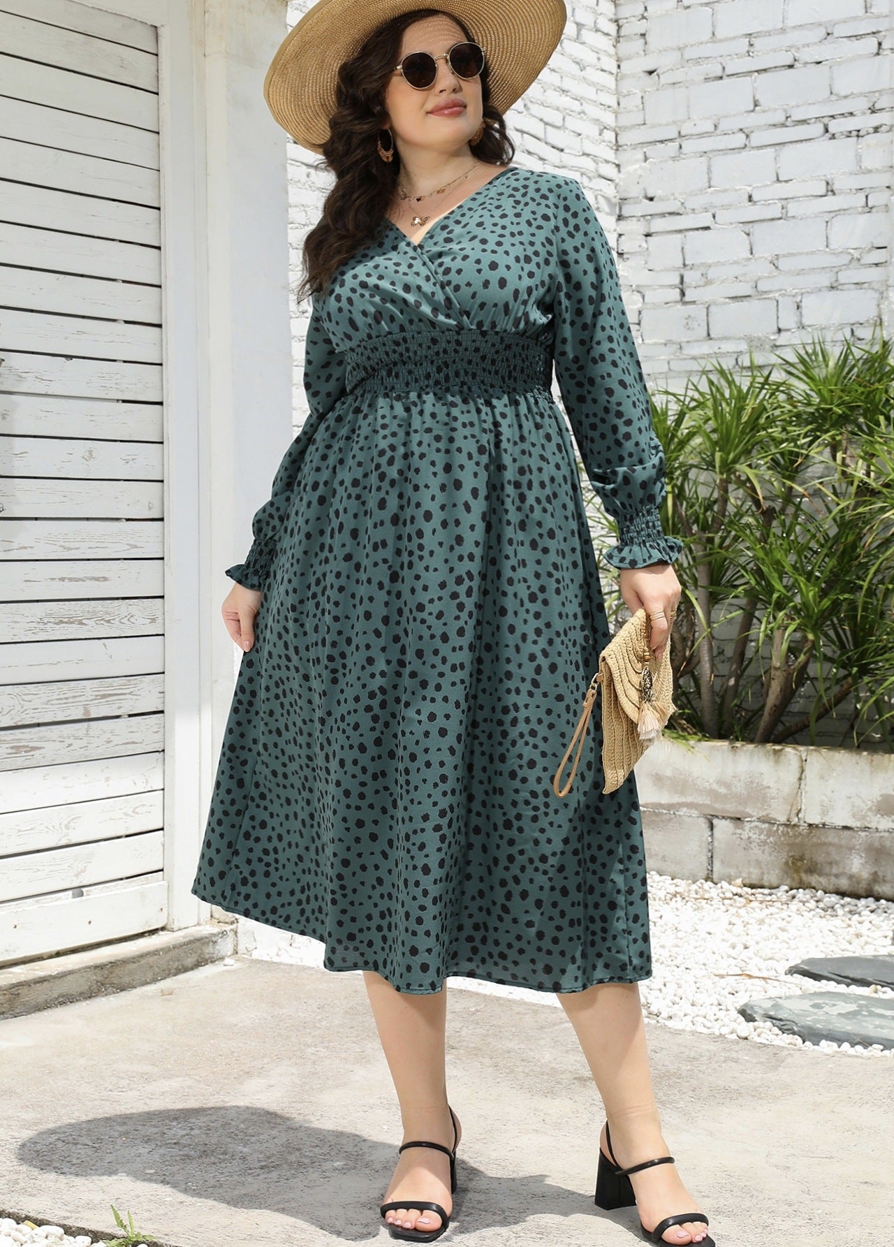 Fall Plus Size Dress Women's Printed V Neck Slim Waist Maxi Dress 6