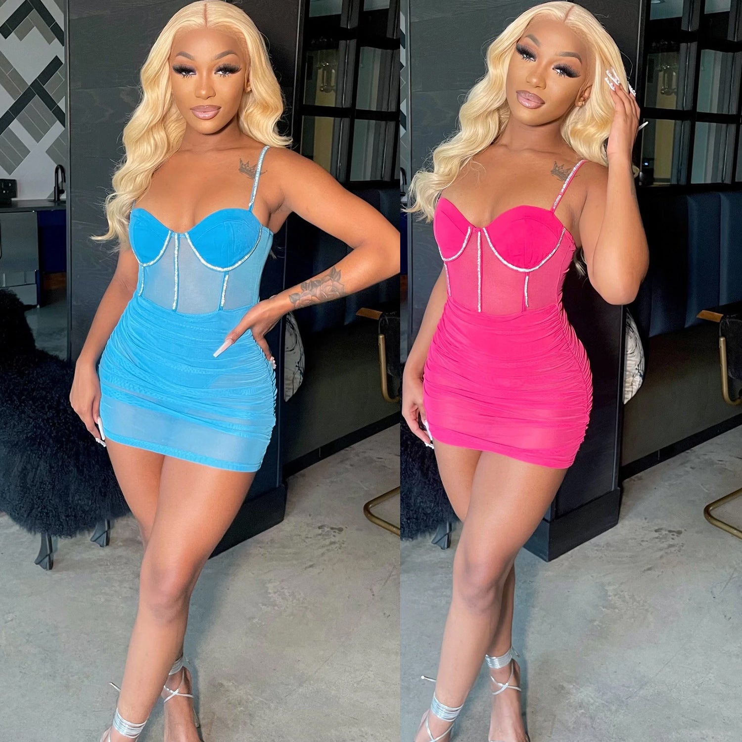 Summer Women's Sexy Tight Fitting Mesh See-Through Diamond Strap Dress