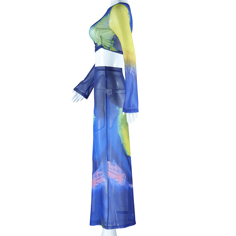 Bell Bottom Sleeve Pleated Crop Top High Waisted Bodycon Skirt Fashionable Two-Piece Printed Tight Fitting Skirt Set 8