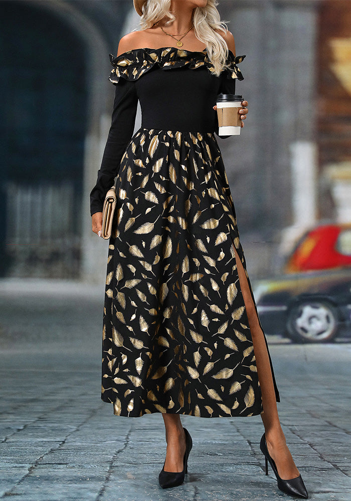 Women Sexy Off Shoulder Long Sleeve Shiny Feather Slit Dress