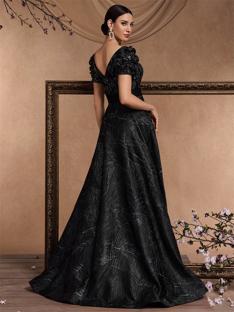 Women's Elegant Chic Sequin Patchwork Short Sleeve Cocktail Formal Evening Dress 3